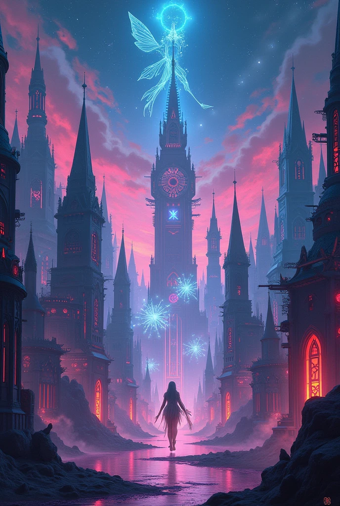 create a wallpaper based on the text below Title: "Neon Enchantment: A Fusion of Magic and Cyberpunk"
Description: In a setting where ethereal magic meets the gothic neon of futurism, The wallpaper reveals a futuristic city illuminated by bright neon lights and mysterious shadows. Gothic towers and crystal structures twinkle beneath a starry sky, while luminous fairies and mystical beings float among holograms and complex gears. Vibrant, contrasting colors blend together in a visual spectacle that combines the charm of ancient legends with the boldness of cyberpunk, creating a unique and fascinating atmosphere.