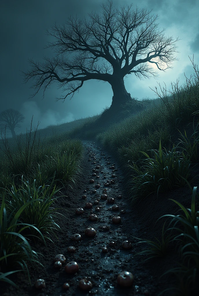 a rotten trail of black grass and dead insects from an apple tree on a hill at night