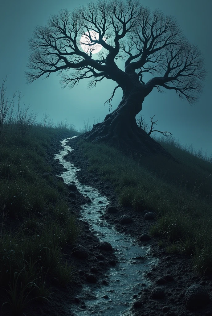 a rotten trail of black grass and dead insects from an apple tree on a hill at night