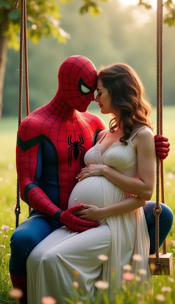 It looks like you've uploaded an image. It appears to show a person in a Spider-Man costume sitting on a swing with a pregnant woman. They seem to be in a peaceful outdoor setting, possibly a field, with the person in the costume tenderly holding the woman's belly.