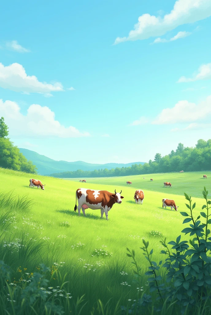 A green field with different types of grasses, perhaps with a blue sky in the background and some cows or cattle grazing to represent the theme.