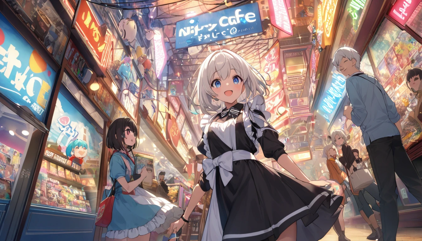 A woman with white hair and cute clothes、First visit to Akihabara。On Electric Town Street、Colorful neon signs sparkle、A store with the latest gadgets and figurines々is standing side by side。From the entrance of the game center、Rhythmic music plays、Huge posters featuring anime and manga characters catch your eye。A maid cafe employee greets customers with a smile、The whole town exudes an otherworldly atmosphere.。The main character as a tourist、While wondering which store to stop at,、Enjoy the excitement of Akihabara。