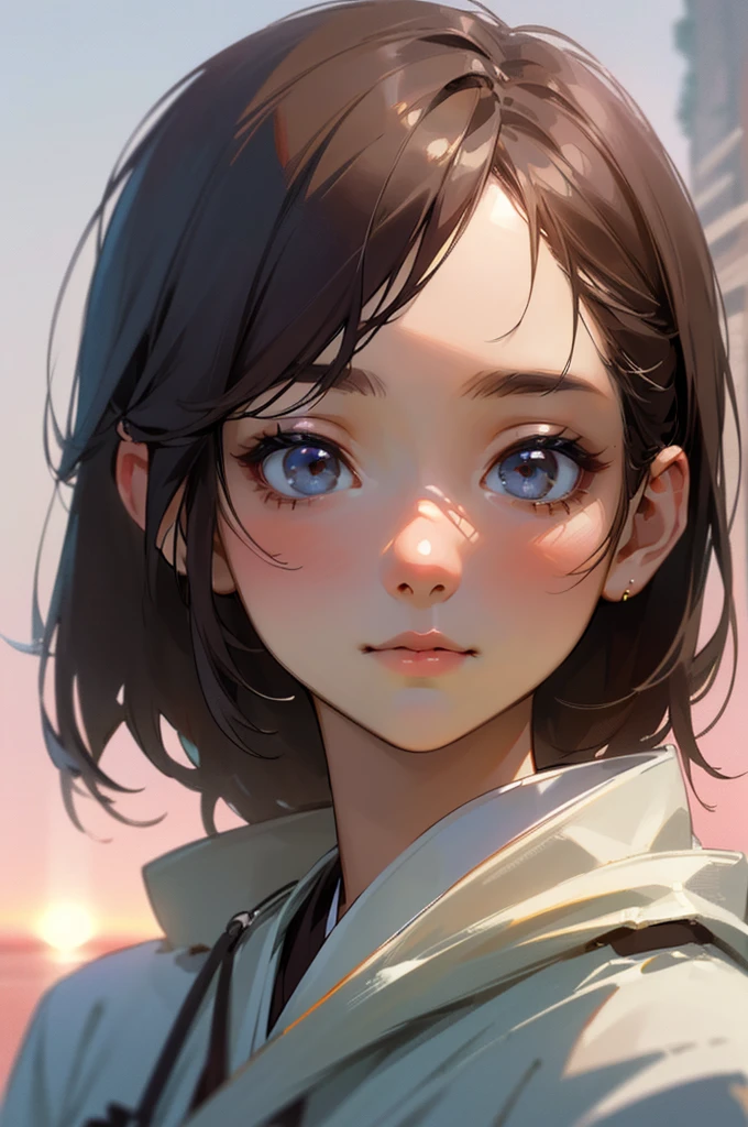 (masterpiece:1.2),(Highest quality),(Very detailed:1.2),(High resolution),(Photorealistic Stick),(RAW Photos),8k,((Close-up of a woman in a white jacket,))Soft portrait photography,Beautiful Japanese Woman,Gorgeous face portrait,Eye light,The girl herself,Very beautiful face,Beautiful portrait,A lovely and delicate face,Beautiful young Japanese woman, hairstyle,Look here(Sunset in the background),(((Blur the background))),(Gentle light:1.5),(Over my shoulder),(pov shot)