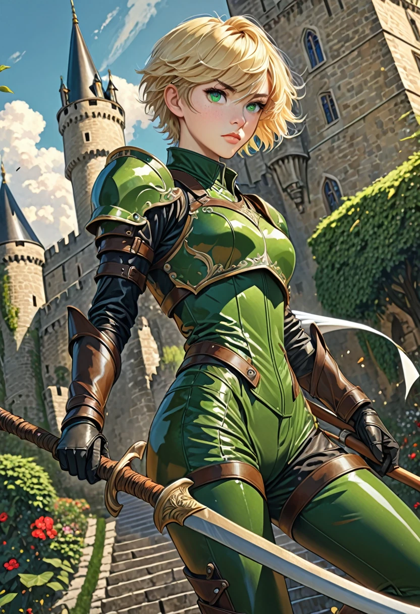 Illustration, detailed illustration, ultra detailed, best quality, dynamic angle, 1boy, femboy, androgynous, beautiful, short blonde hair, green eyes, light freckles, leather armor, castle, carrying scythe