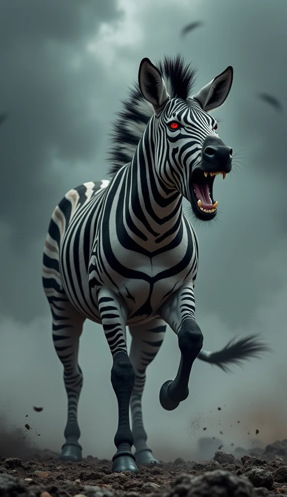 This is a digital image of a zebra with its mouth wide open, sharp teeth and sharp legs. The Zebra is standing on a rocky surface with black clouds in the background. Its body is covered with scales and its tail is wrapped around its body. His eyes were red and his mouth was wide open, like a roar or a roar. The general feeling of the image is fierce and powerful.