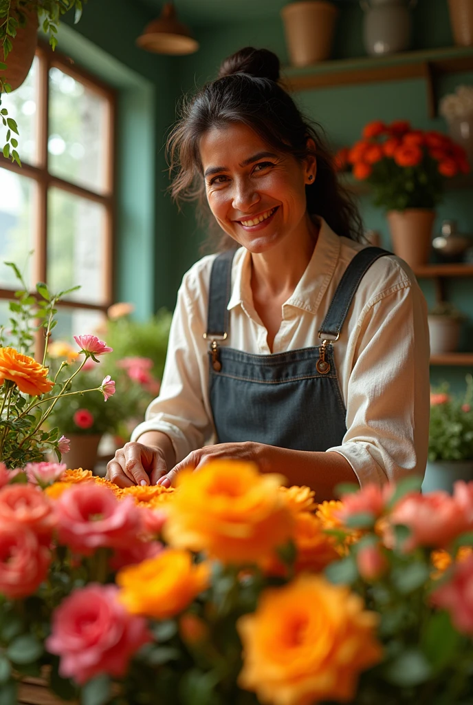 Text of “Rosita Flowers” in capital letters text With flowers and a 40-year-old Latina florist