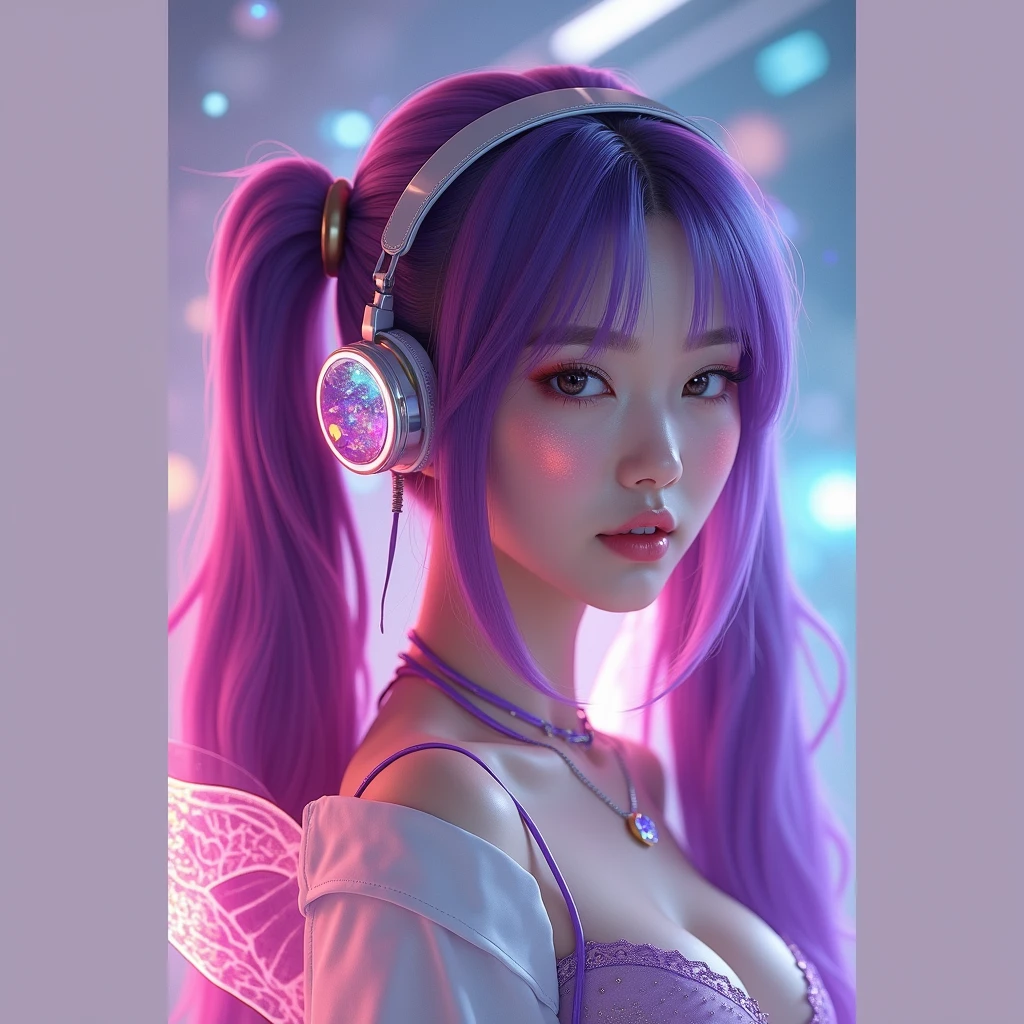 Mulher borboleta de cabelo roxo coreana de fone de ouvido com short roxo eHere is a detailed prompt for creating an image:
"A Korean woman with long, purple hair styled in two pigtails (Maria Chiquinha) stands confidently. She is depicted as a butterfly-themed figure with delicate, iridescent wings extending from her back. She wears a sleek, form-fitting scientist's outfit with a sexy twist, featuring a lab coat that is slightly open to reveal a stylish, tech-inspired bodysuit underneath. The woman also sports a pair of futuristic headphones. In one hand, she holds a syringe with a glowing liquid inside, giving off a sense of mystery and power. The background should be a blend of high-tech lab elements mixed with ethereal, butterfly-themed details, creating a fusion of science and fantasy." preto corpo inteiro faça essa imagem de corpo inteiro