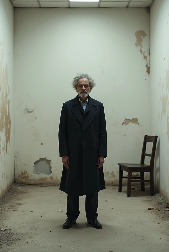 Emil Cioran standing in the middle of a dirty white room