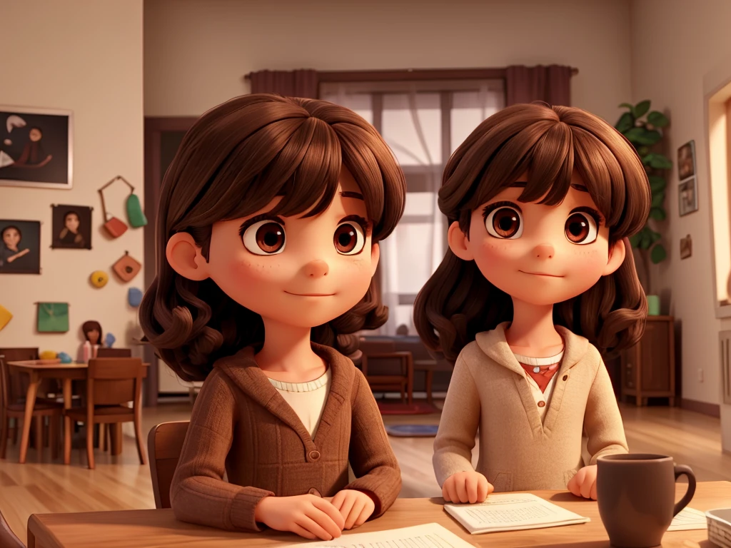 Show a child, Female Gender, long dark brown hair, with bangs and dark eyes, inside an apartment next to his parents, an aunt and her grandmother