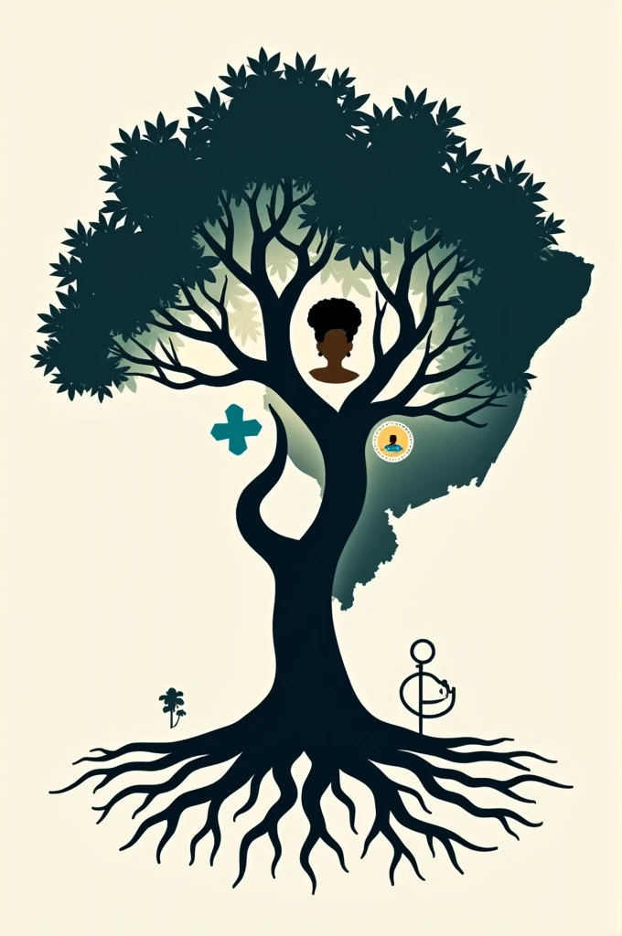 A silhouette of a tree with deep roots, its canopy with large leaves and the shape of Brazil. Inside the blank sheets is the image that represents autism, another sheet with an image of black power afrodescendant hair, another sheet with the accessibility symbol.