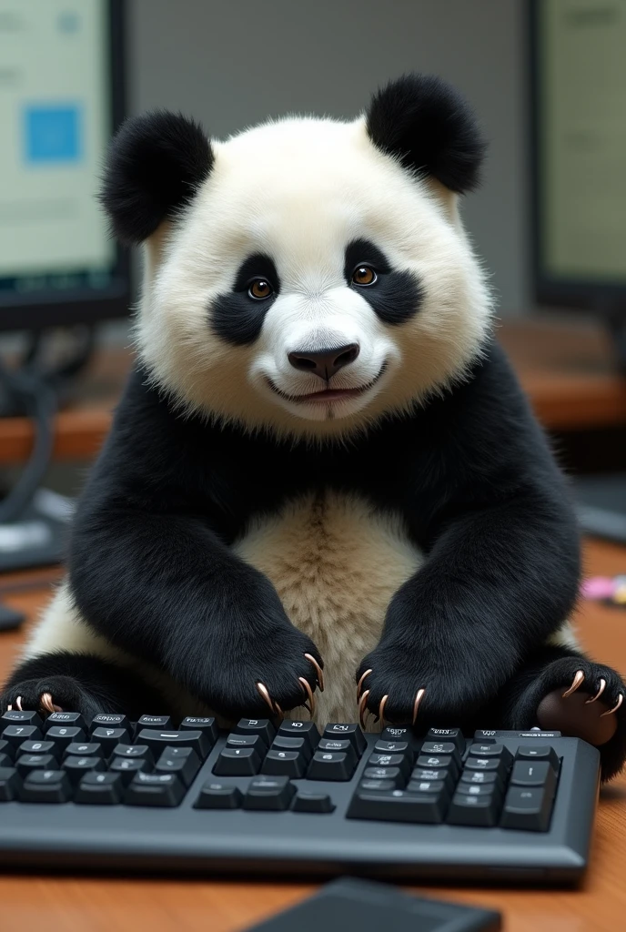 : A picture of a panda sitting on a keyboard, looking smug.
