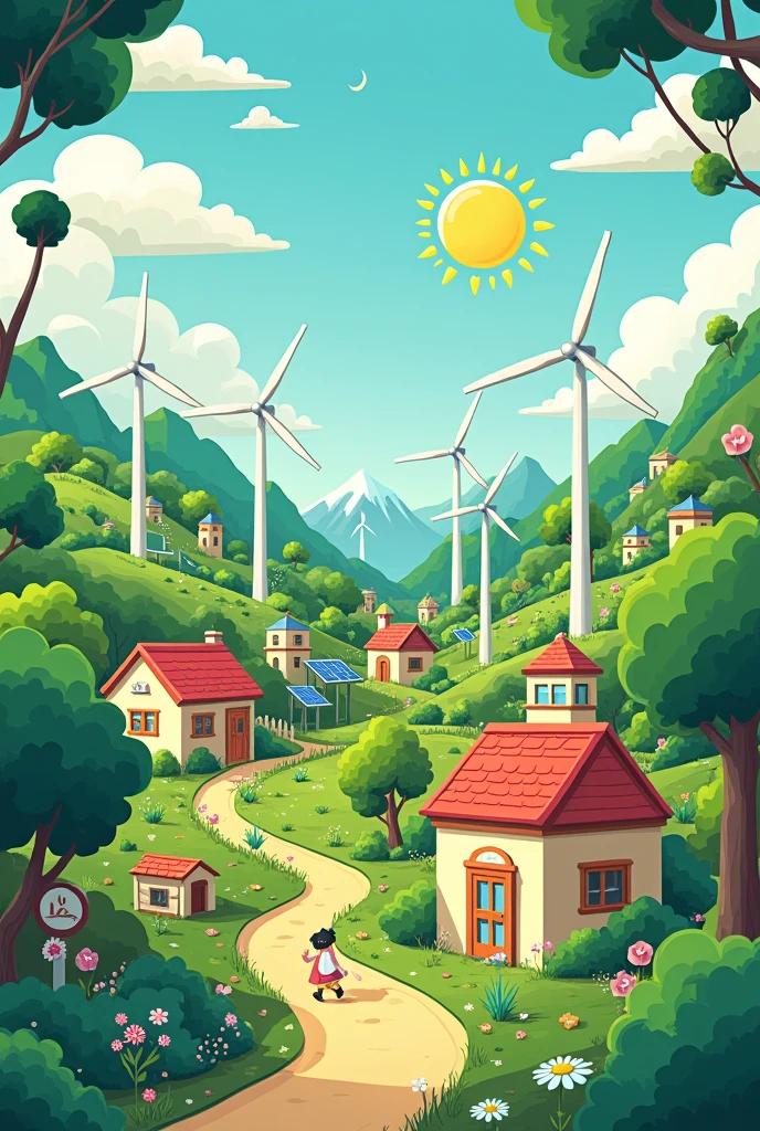 an illusion of cartoon township with images and symbols of Green lifestyle: such as recycling signs, windmills, green energy, science equations and formulas, trees, solar panels, sun, sustainable, sustainable fashion