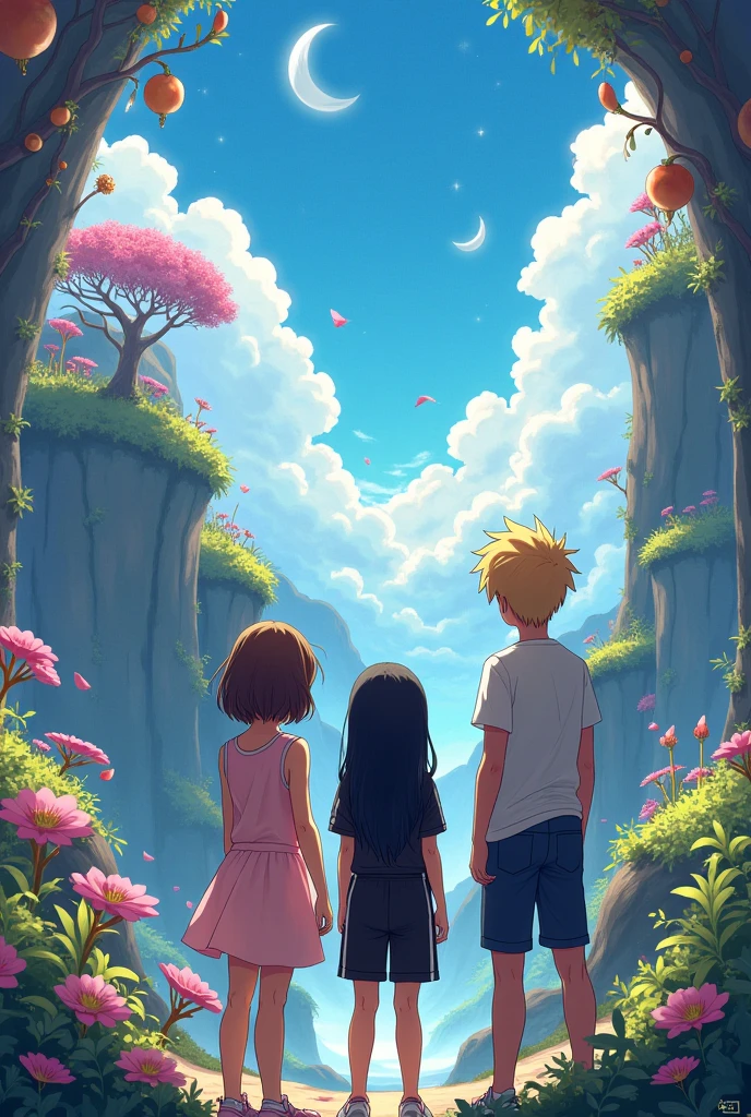 Two girls and a boy from the back, the first girl has short, straight, shoulder-length brown hair, wearing a pale pink dress, the second girl has long, wavy, black hair with black sportswear, and the boy has blond hair with any clothes and is tall, looking at a landscape of a magical world. They are all teenagers, that is, tall, plus the other boy in a magical world.
