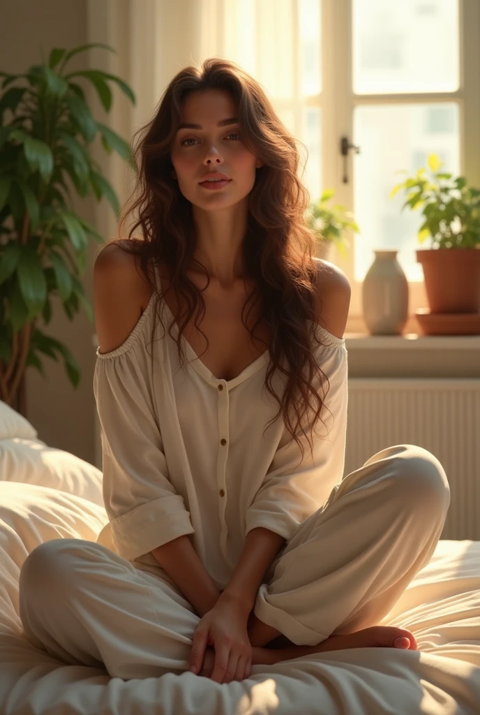 (photorealism:1.2), beautiful woman, sitting on bed, wearing loose off-shoulder top, pajama pants, long curly hair, indoors, soft lighting, plants in background, window with sunlight, cozy room, relaxed pose, realistic, intricate details, warm colors, by Greg Rutkowski, by Alphonse Mucha
