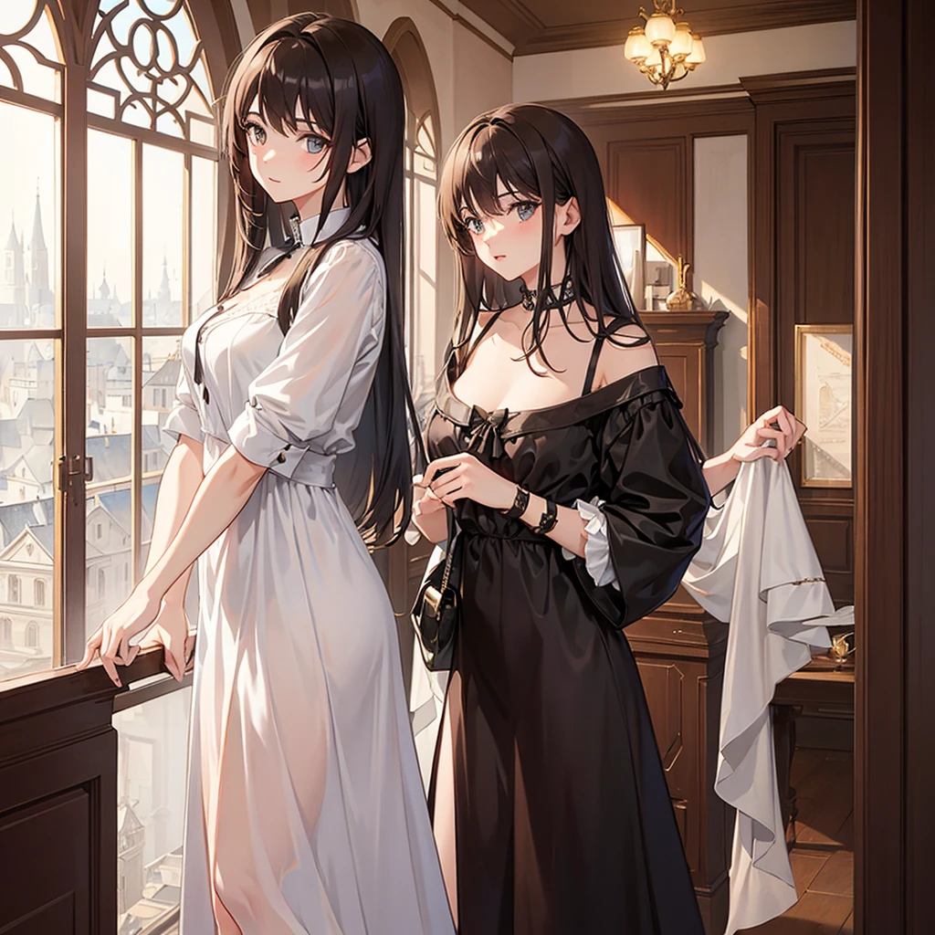 Une fillette brune en robe en cuir menottée dans un hôtel.