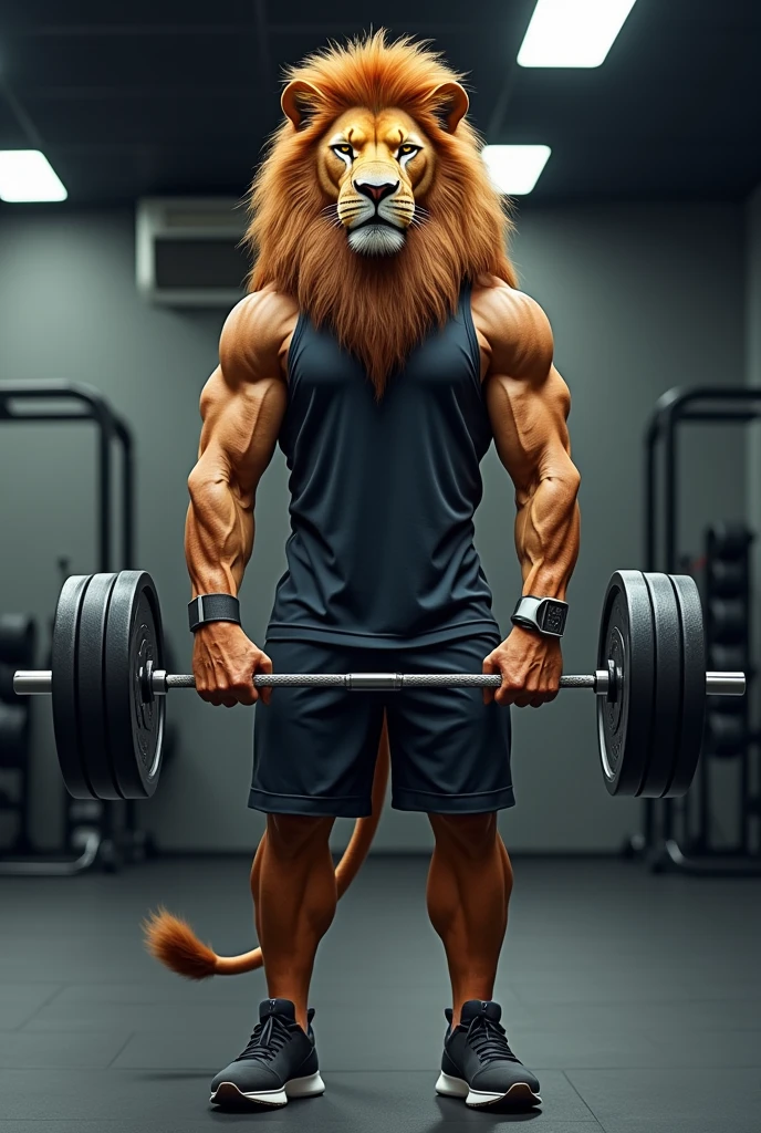 Lion logo in gym clothes holding weight training 