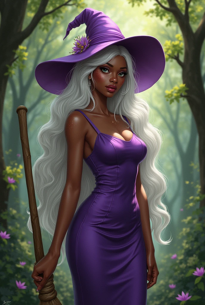 Make one with black skin and freckles that look like stars, she has white hair and bangs, she is in the forest, wearing a purple dress and a pointy hat with a purple band, she is holding a broom, high resolution, gray eyes,breastsout,