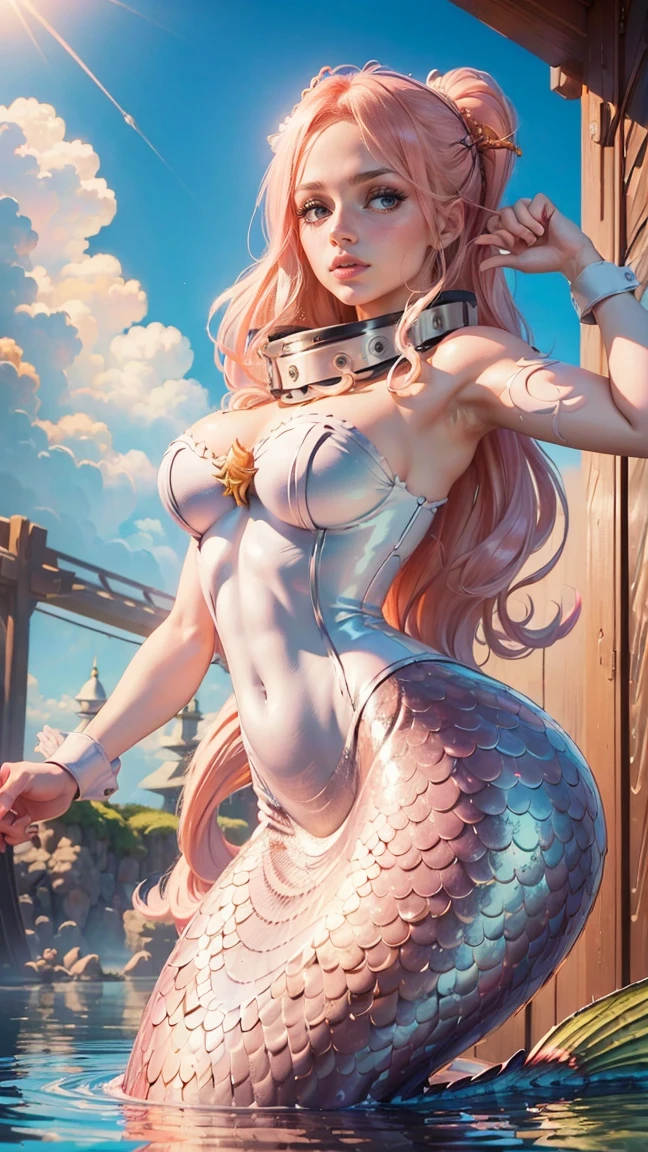 ((premium, 8k, masterpiece:1.3)), A detailed eye, (looking from the front), Look at the camera, ((Everything is sparkling、reflected light:1.2)), (best ratio: 4 fingers, 1 thumb), (portrait), (((one piece shirahoshi))), siren, pink lights hair, broad, smiling, blush, beautiful face, beautiful face, nod, looking at the viewer, ((thin mermaid legs)), exterior, Mar , arm wide open, Submarine