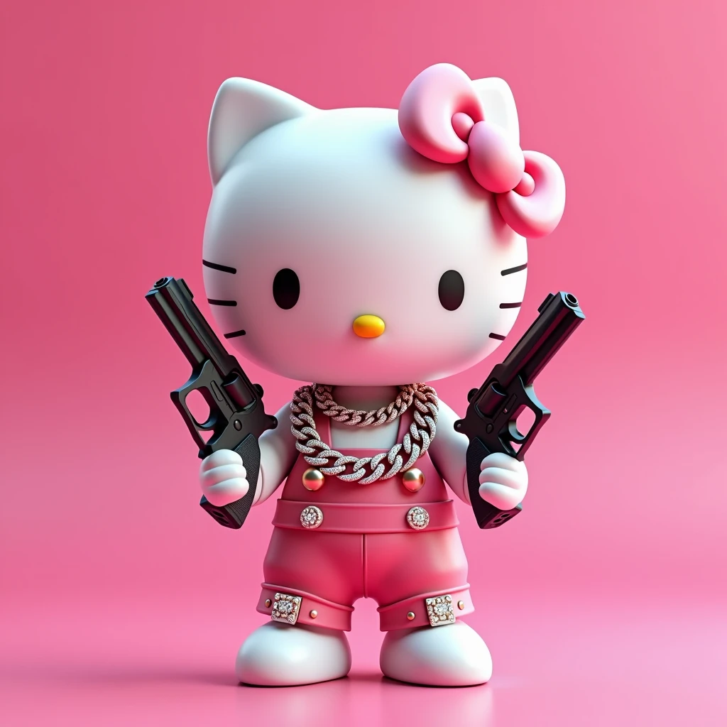 (Hello Kitty white) (3D format) (empty pink background) She has some diamond Cubans on her neck, In one hand he holds a black Glock, In the other hand he has a 38 revolver