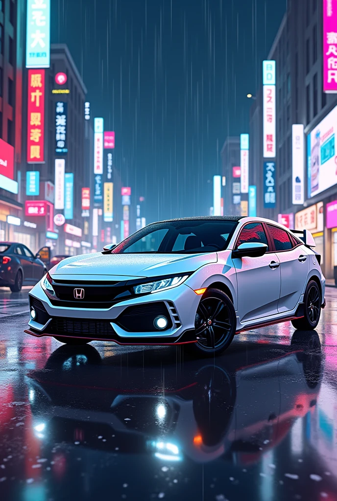 An anime style image of a white Civic LXR with a black roof on a rainy night in a city full of lights