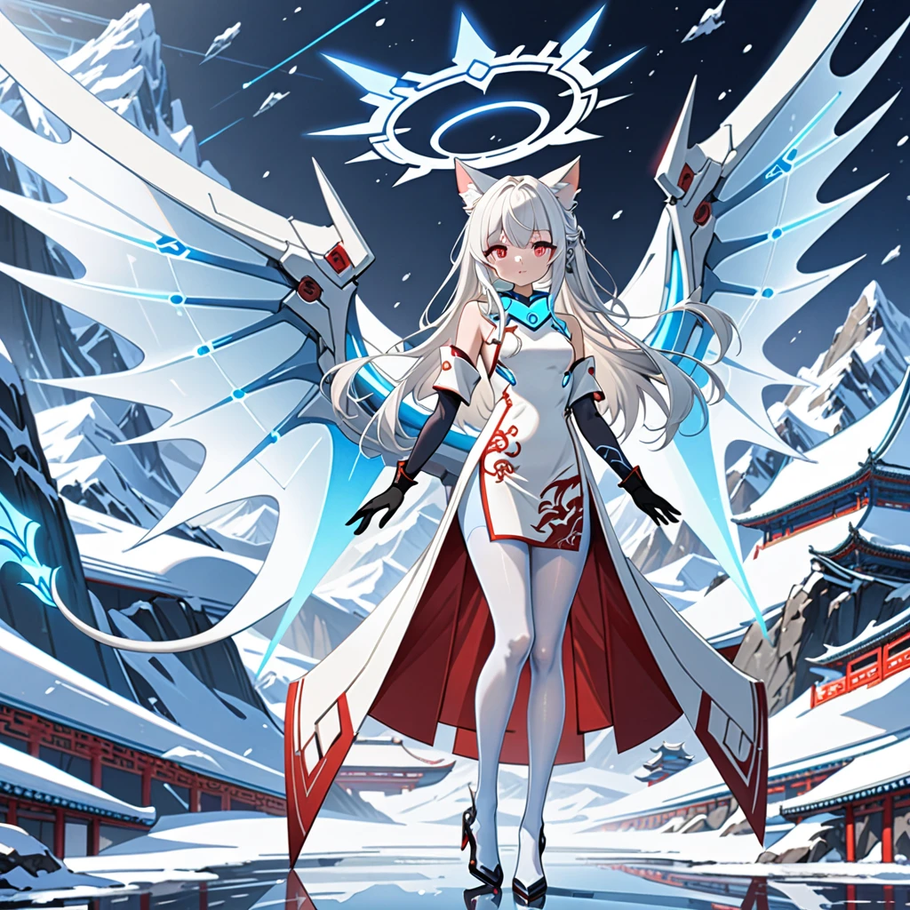 masterpiece, highest quality, highest resolution, clear_image, detailed details, white hair, long hair, 1 girl, cat ears, red eyes, futuristic halo, white sci-fi china dress, detached sleeves with black gloves,  white scarf (around the neck withn a light blue glow), 12 white futuristic dragon wings, white pantyhose, full body, no water marks, snowy mountain