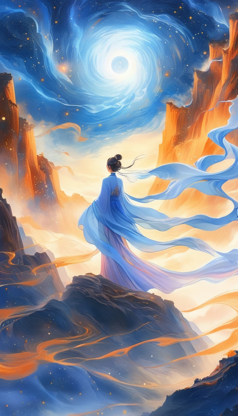 A beautiful woman standing on a cliff looking up at the starry sky, （Beautiful silhouette），Surrounded by a vortex of cosmic energy，Shrouded in a dreamy mist。Figure in flowing robe.，Become one with the flow of heaven and earth。The sky is a tapestry of deep violet and blue，starlight embellishment，The scenery below suggests softness、Rolling mountains，Astral Ether, Fantastic numbers, ethereal essence, Ethereal fantasy, Ethereal Beauty, Digital Art Fantasy, Beautiful fantasy painting, Beautiful fantasy art, Stunning fantasy art, Inspired by Cyril Rolando (Cyril Rolando), Fantasy art style, Gently rotating magical energy, Fantasy Numbers, Fantasy Numbers艺术, Empty Mind, of Ethereal fantasy，Artistic Beauty