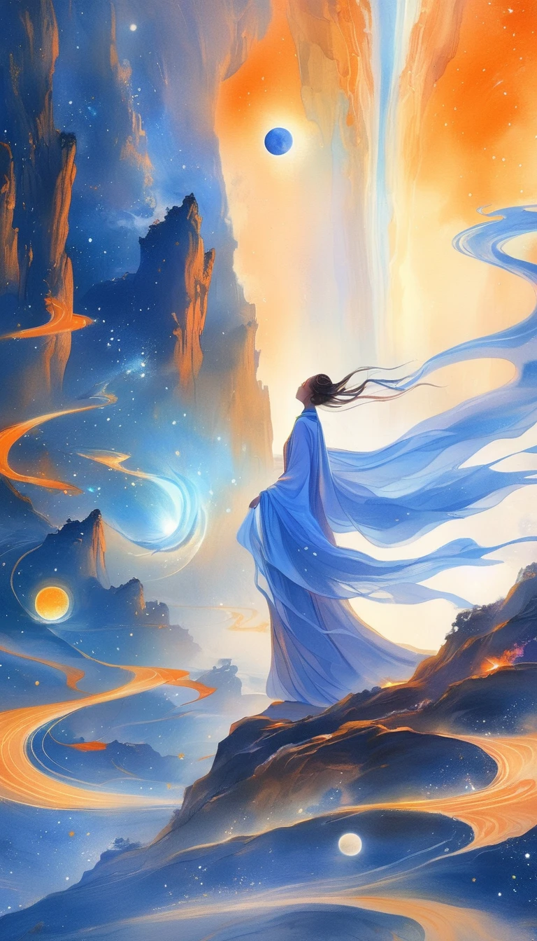 A beautiful woman standing on a cliff looking up at the starry sky, (Beautiful silhouette),Surrounded by a vortex of cosmic energy,Shrouded in a dreamy mist。Figure in flowing robe.,Become one with the flow of heaven and earth。The sky is a tapestry of deep violet and blue,starlight embellishment,The scenery below suggests softness、Rolling mountains,Astral Ether, Fantastic numbers, ethereal essence, Ethereal fantasy, Ethereal Beauty, Digital Art Fantasy, Beautiful fantasy painting, Beautiful fantasy art, Stunning fantasy art, Inspired by Cyril Rolando (Cyril Rolando), Fantasy art style, Gently rotating magical energy, Fantasy Numbers, Fantasy Numbers艺术, Empty Mind, of Ethereal fantasy,Artistic Beauty