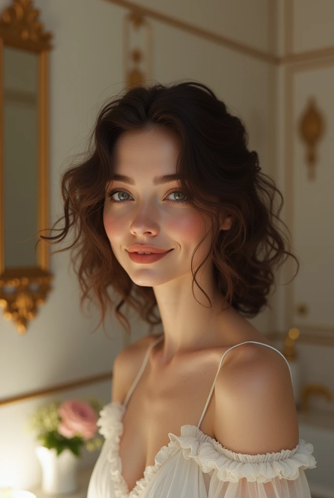 (Photorealism:1.2), beautiful girl, . She is short, Curly hair to the shoulders,Both cheeks are covered with hair. She smiles shyly,The background is an elegant bathroom,