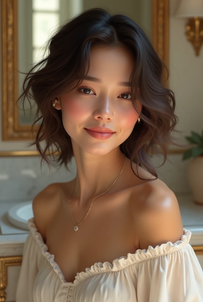 (Photorealism:1.2), beautiful girl, . She is short, Curly hair to the shoulders,Both cheeks are covered with hair. She smiles shyly,The background is an elegant bathroom,