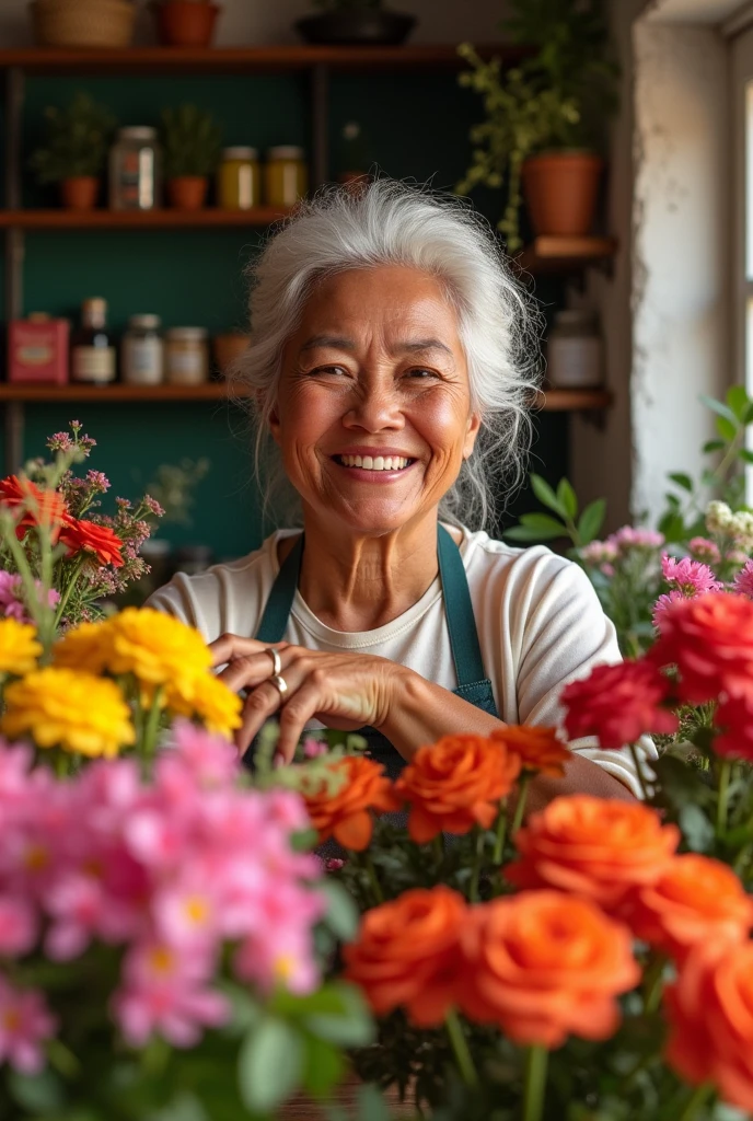 Text of “Rosita Flowers” in capital letters text With flowers and a 40-year-old Latina florist lady with the text