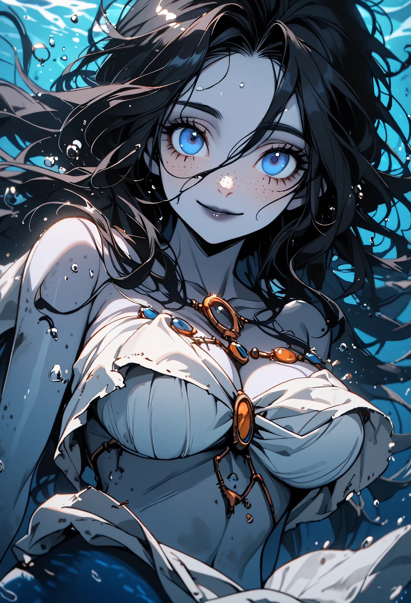 solo, female mermaid, dolphin mermaid, close up, long messy black hair, underwater, blue eyes, very large breasts, grey skin, long eyelashes, rag cloth bikini top, rag cloth skirt, rusted jewelry, smile, freckles, underwater, medieval, pelvic flippers, poor, spotted skin