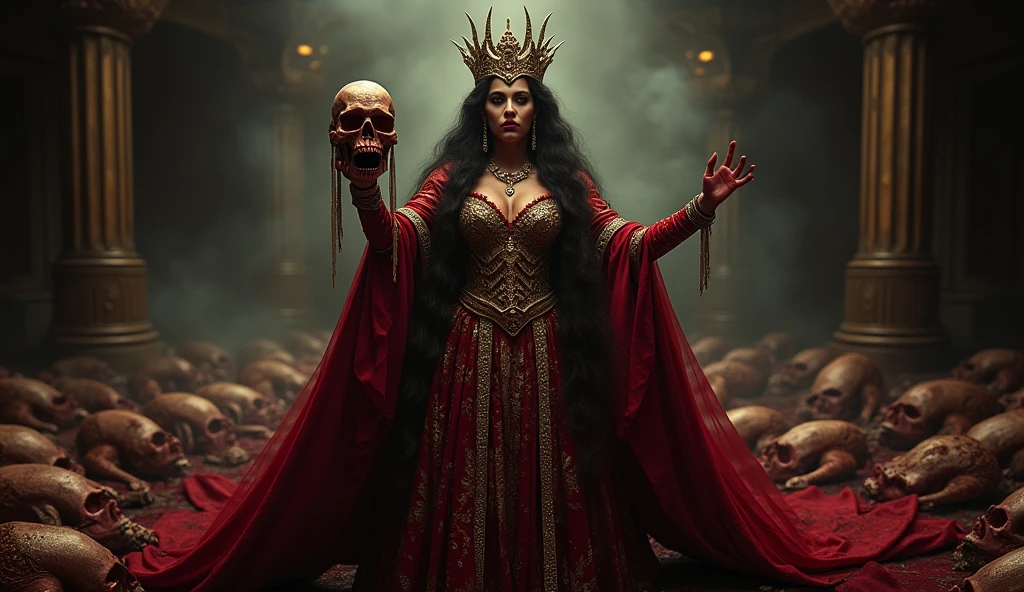 Design a striking and dramatic YouTube thumbnail featuring Jezebel, the biblical queen, in a powerful and menacing pose. She should be centrally positioned, holding the severed head of a prophet in her hands, with a chilling expression of triumph and malevolence. Dress her in lavish, richly adorned garments in deep reds and golds to signify her power and dark influence.

In the background, depict several lifeless prophets without heads, scattered and arranged to convey the scale of her cruelty. Use a dark and moody color palette with high contrast to create a sense of drama and intensity. Incorporate bold, eye-catching text for the video title, such as "Jezebel: Queen of Bloodshed" or "The Ruthless Reign of Jezebel," ensuring it stands out against the dark and intense background.

The overall design should evoke a sense of horror and intrigue, compelling viewers to click on the video to learn more about the dramatic and brutal aspects of Jezebel's story.