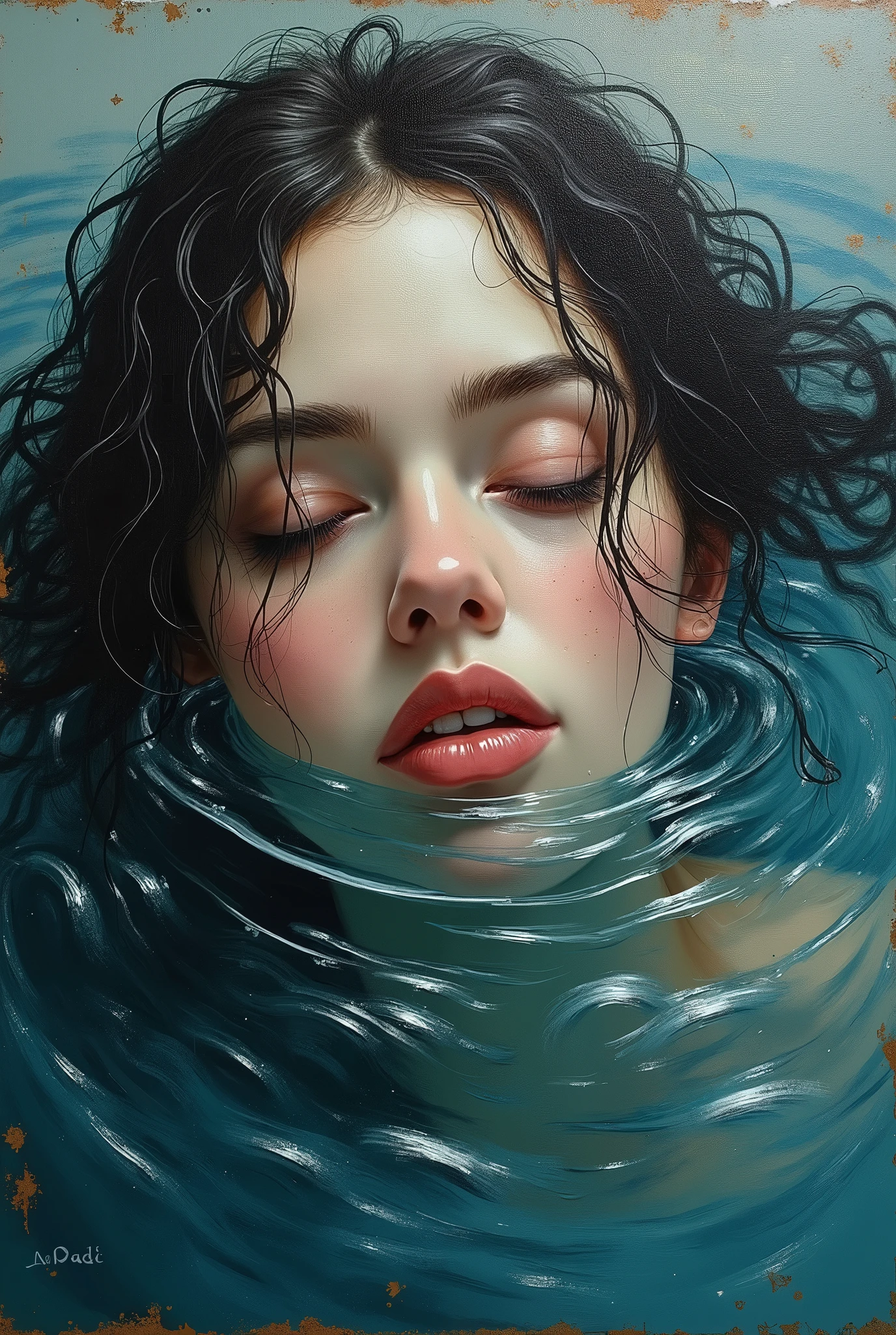 painting of a woman's face with a partially submerged face, expressive beautiful painting, an expressive oil painting, intricate and wet oil paint, oil on canvas big brushstrokes, emotional oil painting, oil painting with brushstrokes, intricate and intense oil paint, expressive rustic oil painting, oil painting on matte canvas, sensual painting, beautiful portrait oil painting