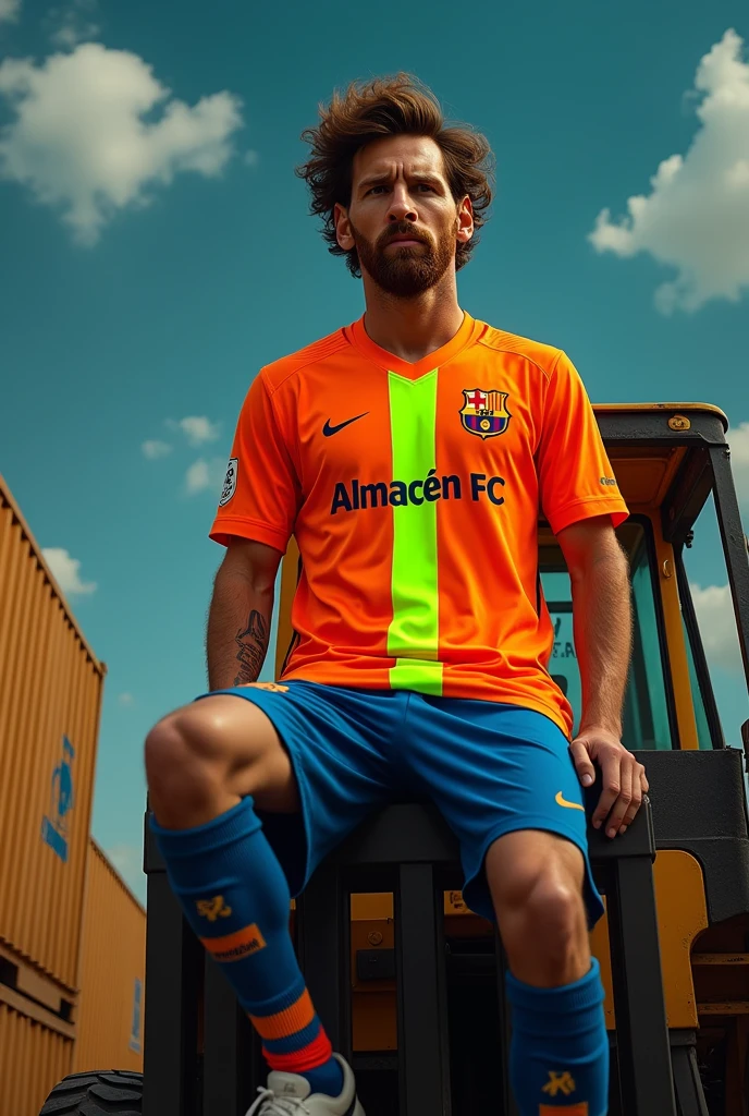 Messi wearing an orange shirt with a fluorescent green stripe in the middle that says Almacén FC and riding in a forklift.
