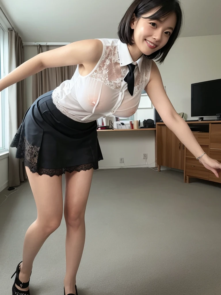 (Highest quality:1.5)、(masterpiece:1.5)、(8k:1.5)、(Big Breasts:1.5)、((Sleeveless, lace, see-through, tight buttoned and collared shirt:1.7))、((A see-through skirt with short lace so short that you can almost see her panties:1.7))、(Slender:1.5)、(Blushing:1.5)、(smile:1.5)、(whole body)、(Thin and beautiful legs:1.3)、((Erect nipples:1.7))、(office:1.5)、(Elegant hairstyle:1.3)、(One woman:1.5)、(Beautiful black hair:1.5)、(Leaning forward:1.5)、(Tempting:1.7)、(Empty Room:1.5)