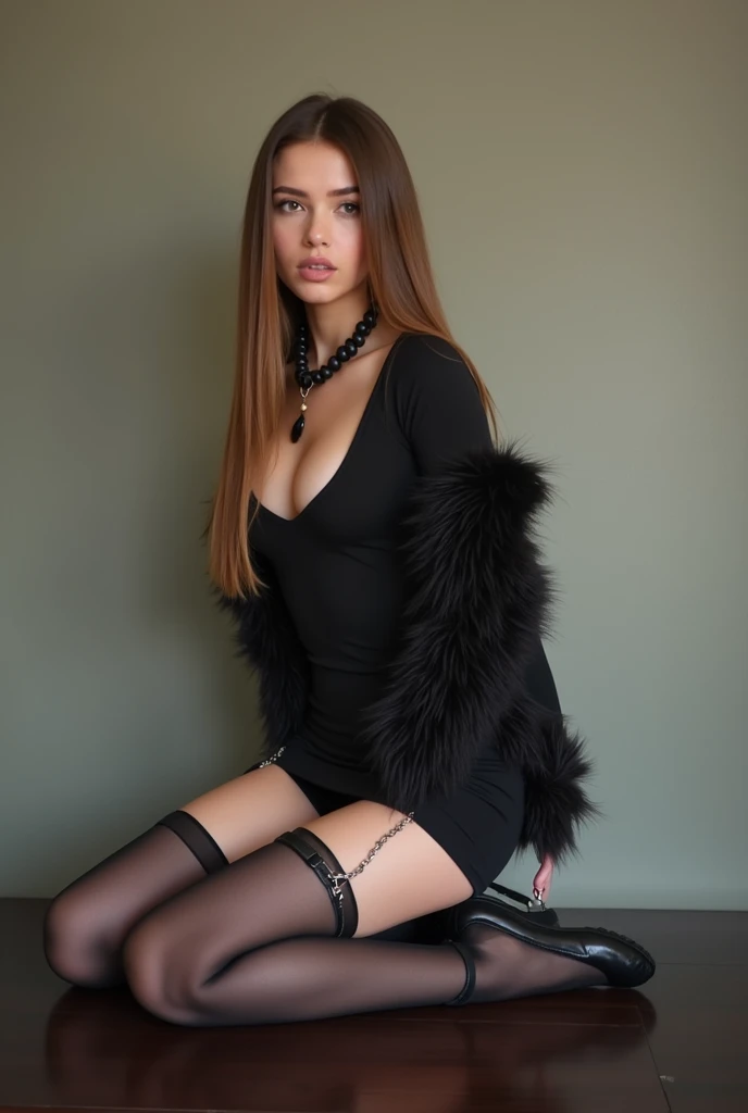 black pencil skirt, black long sleeve top, only the navel,Put your hands behind your back,Restrictions, black fur, Long hair, straight hair, Beautiful, Skinny body, thick legs, black thigh high stockings, nylon stockings, hands in black leather handcuffs, hands, daisy chained, love together, masochistic, whole body, On knees, leather handcuffs, large necklace around the neck, 18 years, long eyelashes, mask, beautiful face, They are over, from top to bottom from bottom to top, arms behind the back, down on my knees, submissive look, Lying on the table, in the stomach,She opened her mouth and stuck her tongue out in a sexy way, big breasts