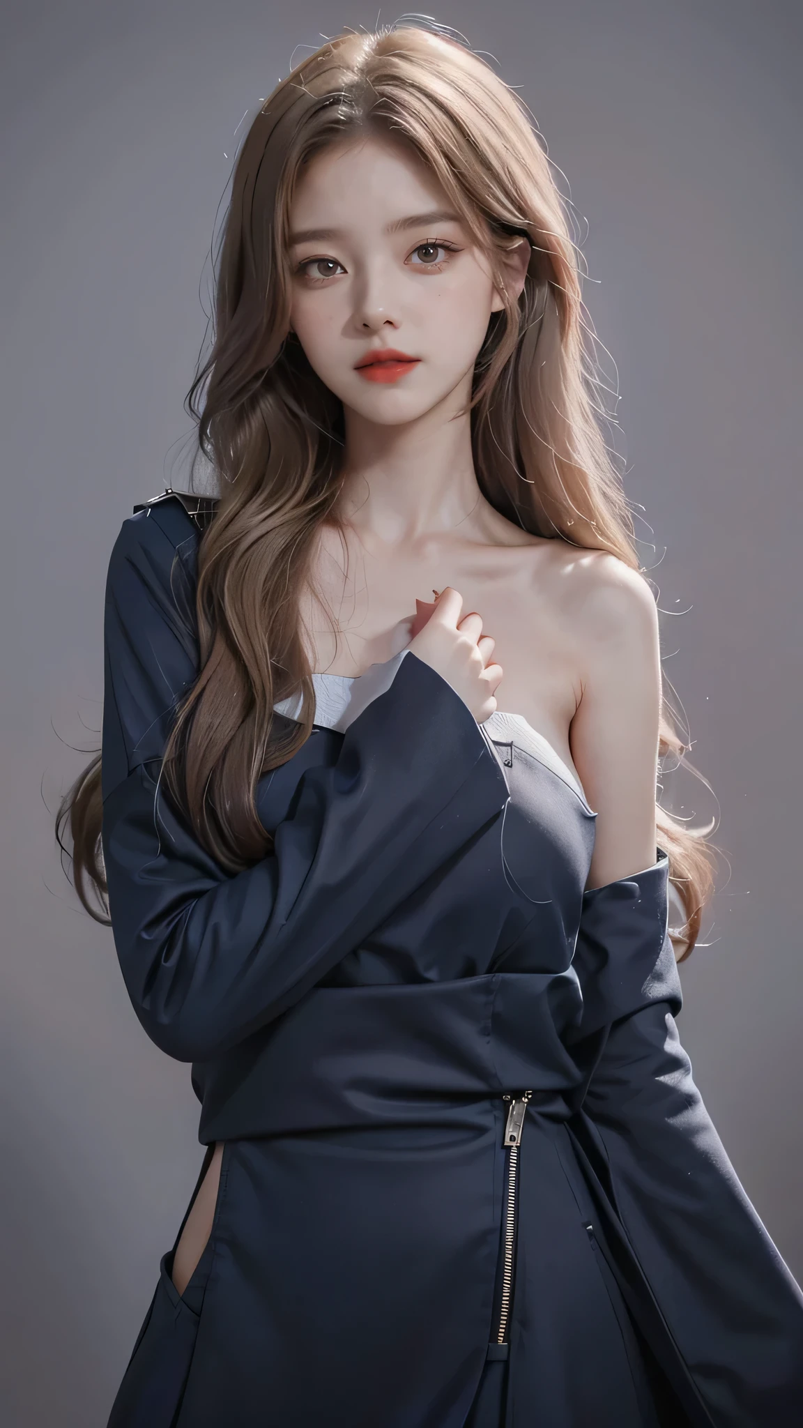 Girl wearing, luxury navy blue coat, shoulder length hair, wavy hair, glowing skin, star in eye, red lips, grey background, cute poses , upper body, light blonde hair.