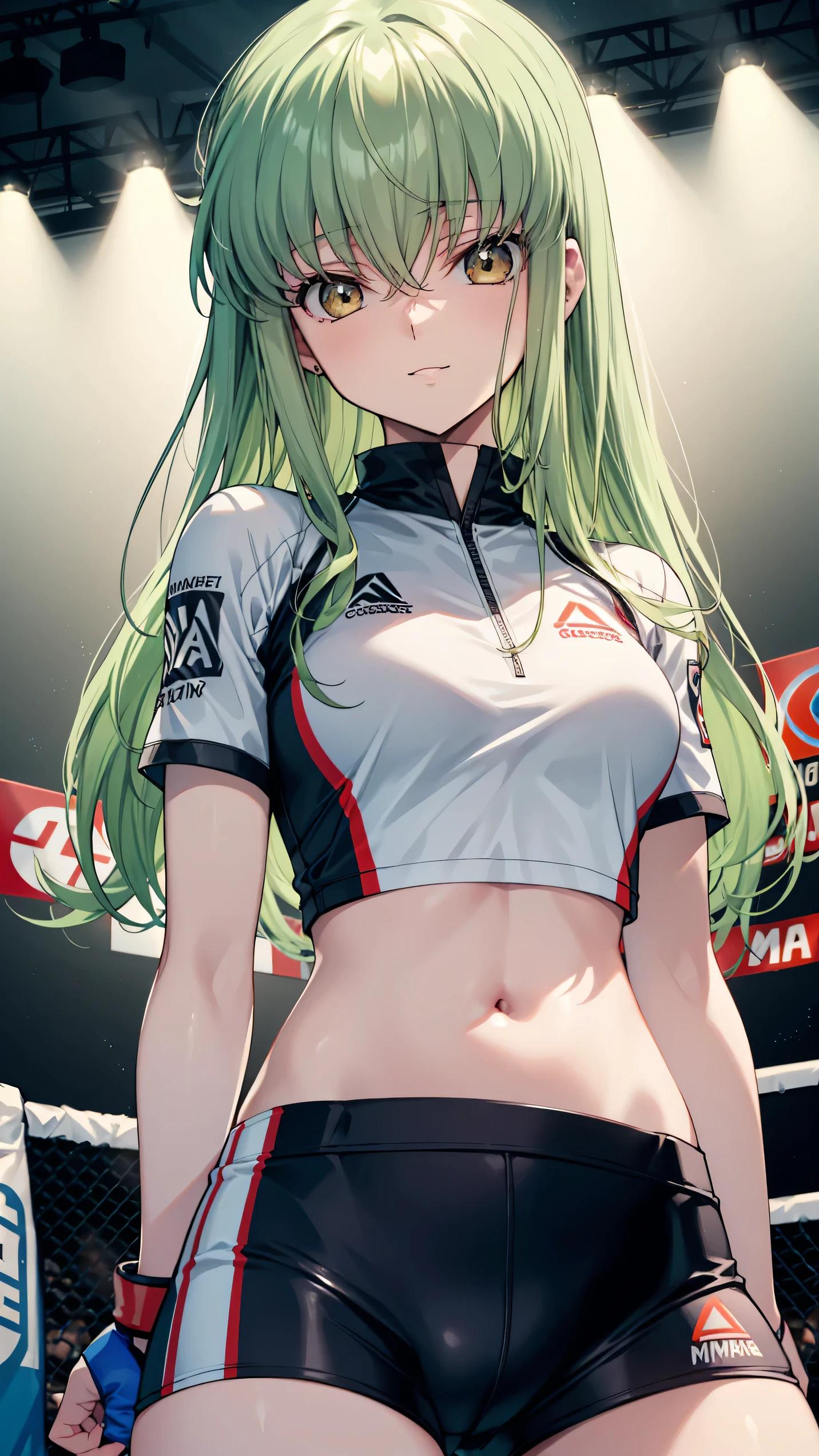 CC_Code Geass, Hair between the eyes, Very long hair 1 person, Bright light, evil smiling, alone, Upper body shot, (masterpiece, Highest quality), 8k, Intricate details, from below, (on MMA Arena :1.5), (wearing MMA uniform:1.5, white tops and black bottoms:1.3), thigh, belly button,Slender body,Slim,((Highest quality)), Sharp focus: 1.2, Highly detailed face, Highly detailed eye,