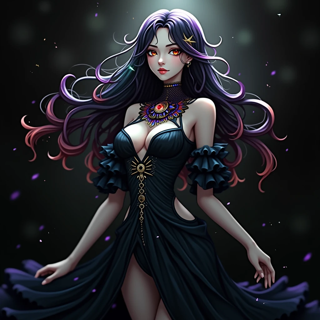 Close-up of a woman with colorful hair and necklace, anime girl with cosmic hair, Rossdraws' soft vitality, Guvez style artwork, fantasy art style, colorful], vibrant fantasy style, Rossdraws cartoon full of vitality, cosmic and colorful, Guweiz, colorful digital fantasy art, stunning art style, beautiful anime style, full body lighting, skin brightening, sexy expression
