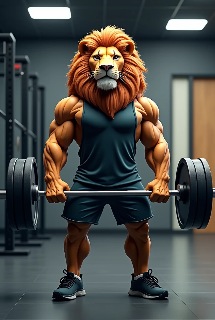 Lion logo in gym clothes holding weight training 