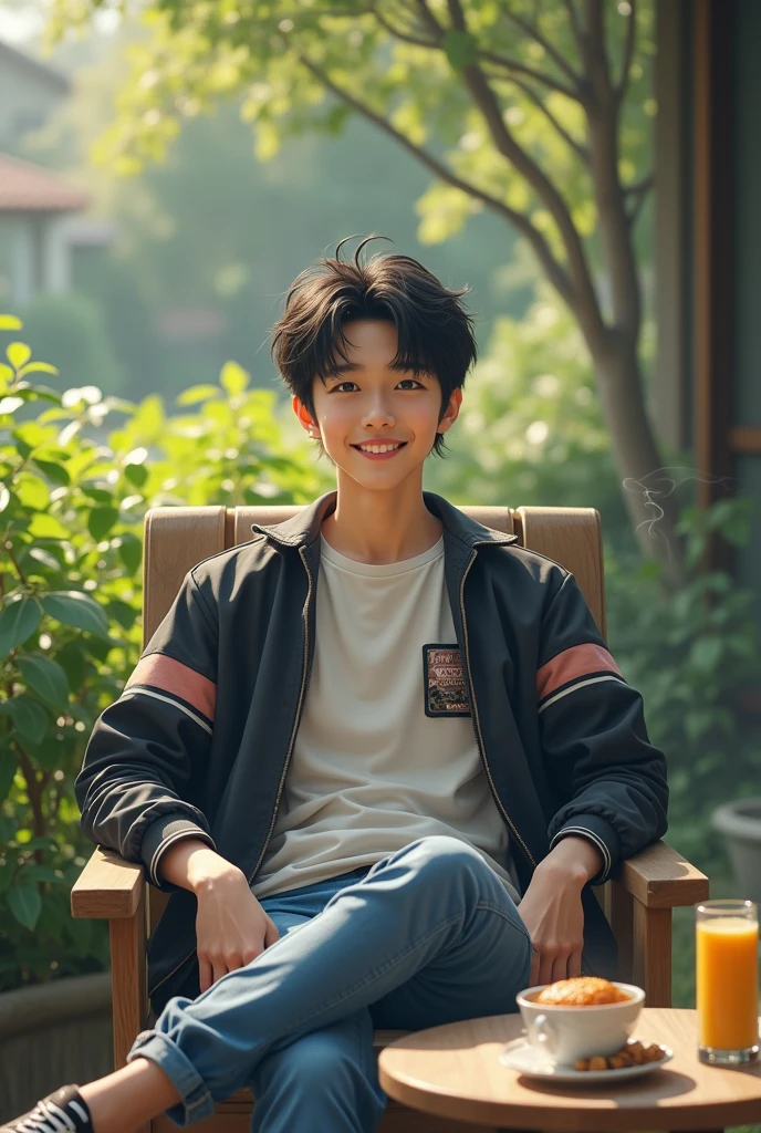 A young man shorty black messy haircut, wear t-shirt jacket strip jeans pant, sit down while crossed both legs in chair outdoor yard ordinary house him, coffee mix, fried cake, milk juice pack, all in table side him, natural, thin smoke, sweetly smile, morning, lighting lamp, leafy plants around his house, fresh the air, real hyper realistic, real human japanese, UHD 8k, detailed photo, perfect face, detailed places, landscape, full body,photo was taken from a distance outdoor yard ordinary house him