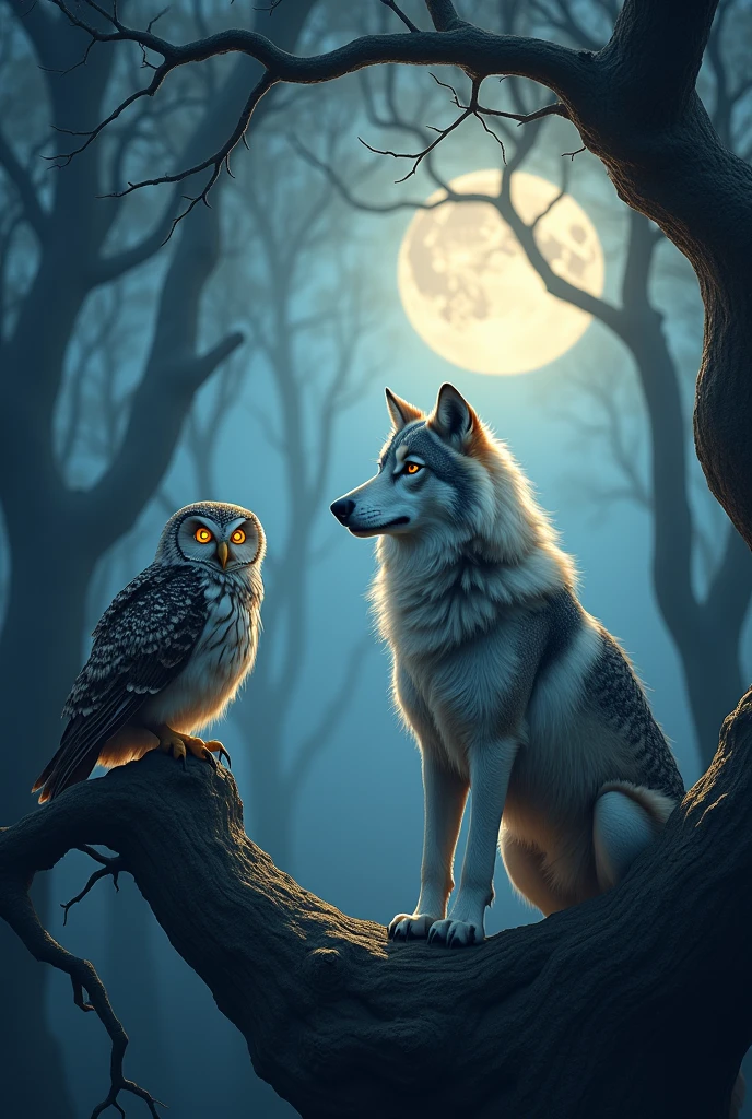 Wallpaper with a wolf and an owl with a moon 
