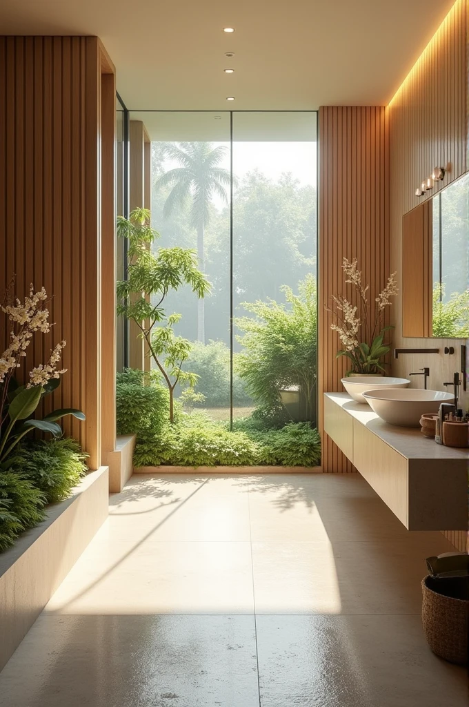 Shopping mall bathroom with natural light and small garden
