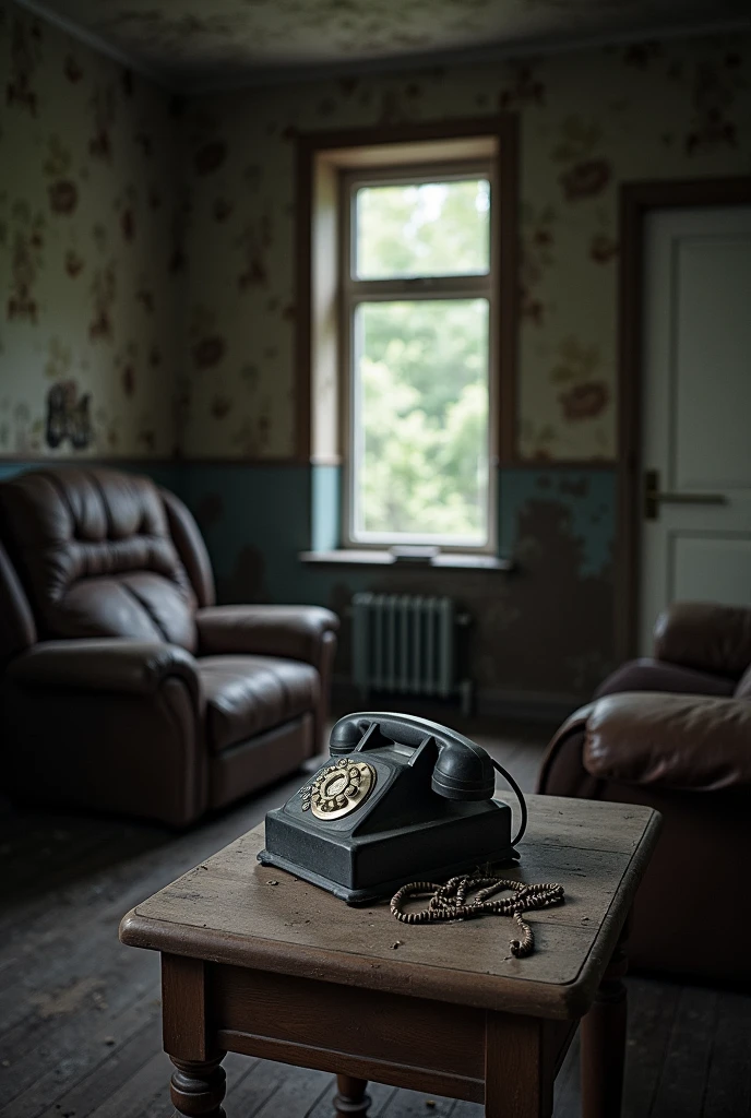 Living room of an abandoned house, It&#39;s dark outside, the environment is very dirty, but to an old telephone on a table 