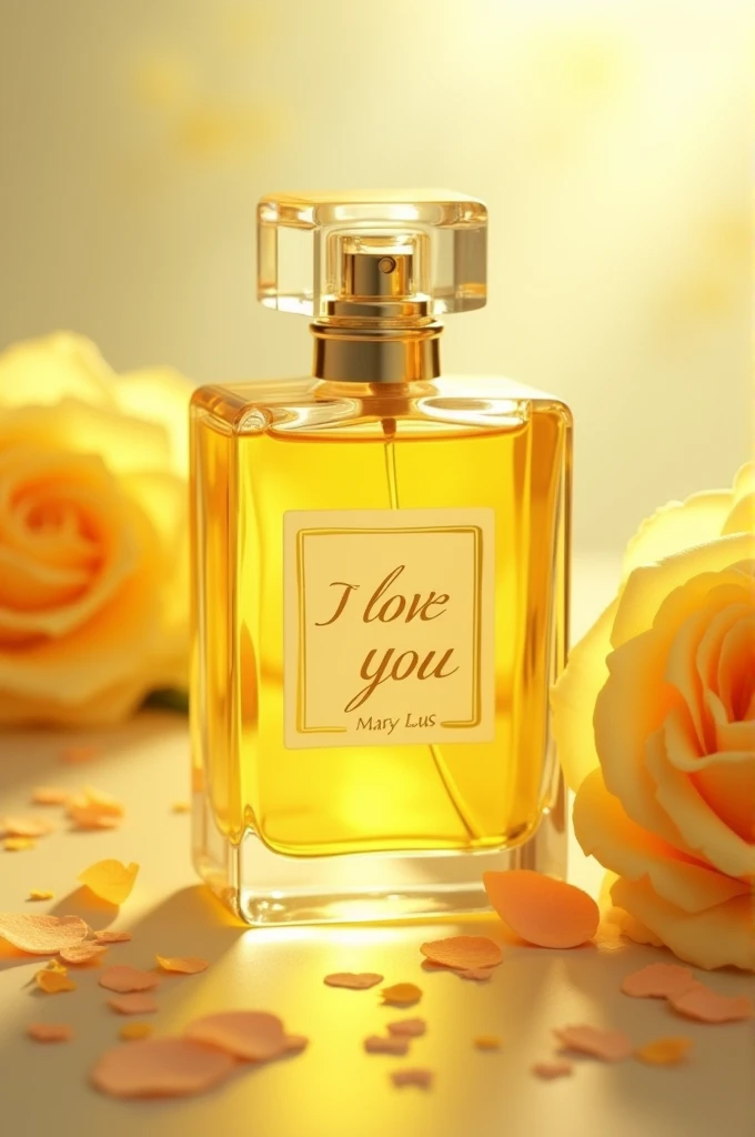 Yellow perfume that says MARY LUS I LOVE YOU