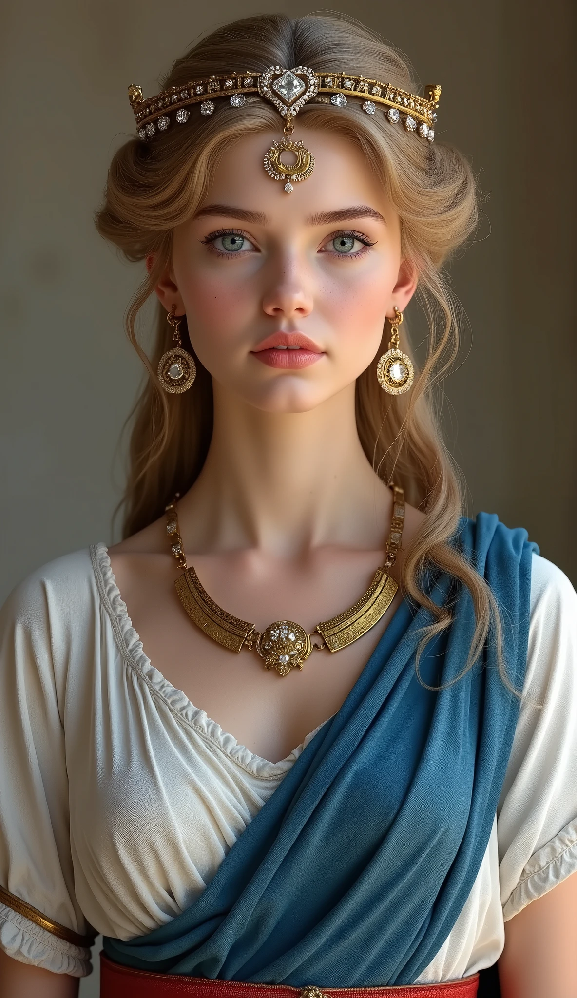 Close-up shot , View your viewers, BC 1st century, Herodian King's wife, Mariamne 20 years old, Greek-style clothing of the Jews at that time, Jewish girl, (Light Gold Hair, Mid-length hair ,blue eyes, Beautiful Lips, Small lips), (Gold crescent earrings, Gold Necklace, diamond Tiara), red wide belt (Big Breasts, slender waist, Wide Hips) , (wearing White an linen ancient Roman imperial tunic), (Blue Toga:1.3), Textured skin , HI Detail Skin, (Shorthand, Canon, 8k, Anatomically correct, Super Detail, Attention to detail, Your Highness,