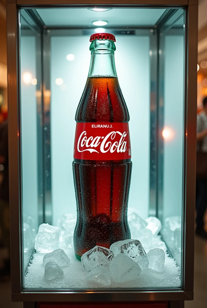 closed display case with a large coke in the middle of several slightly crooked ice cubes, and the feeling of freshness around