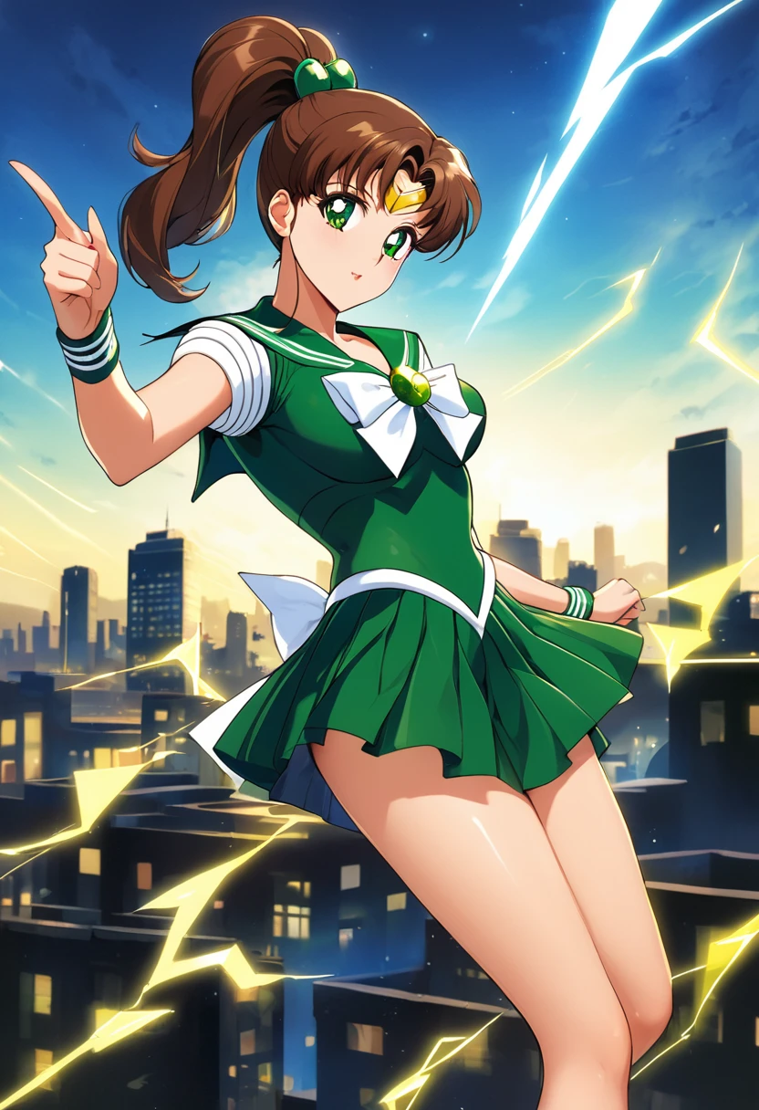masterpiece, Highest quality, High resolution, ((Sailor Jupiter)),1990s \(style\),、(E-cup beautiful breasts)、tall、Hosomi、sexy、Anime-style painting style,Brown Hair、ponytail、A composition that shows the whole body、Composition from the front、The background is the city、Yellow lightning in the background、Finger guns,Shining Background、Glowing Skin、glamorous、gorgeous,(A blue flash from your fingertips),Point your fingers forward、A cool and sharp look、Stand with your feet shoulder-width apart