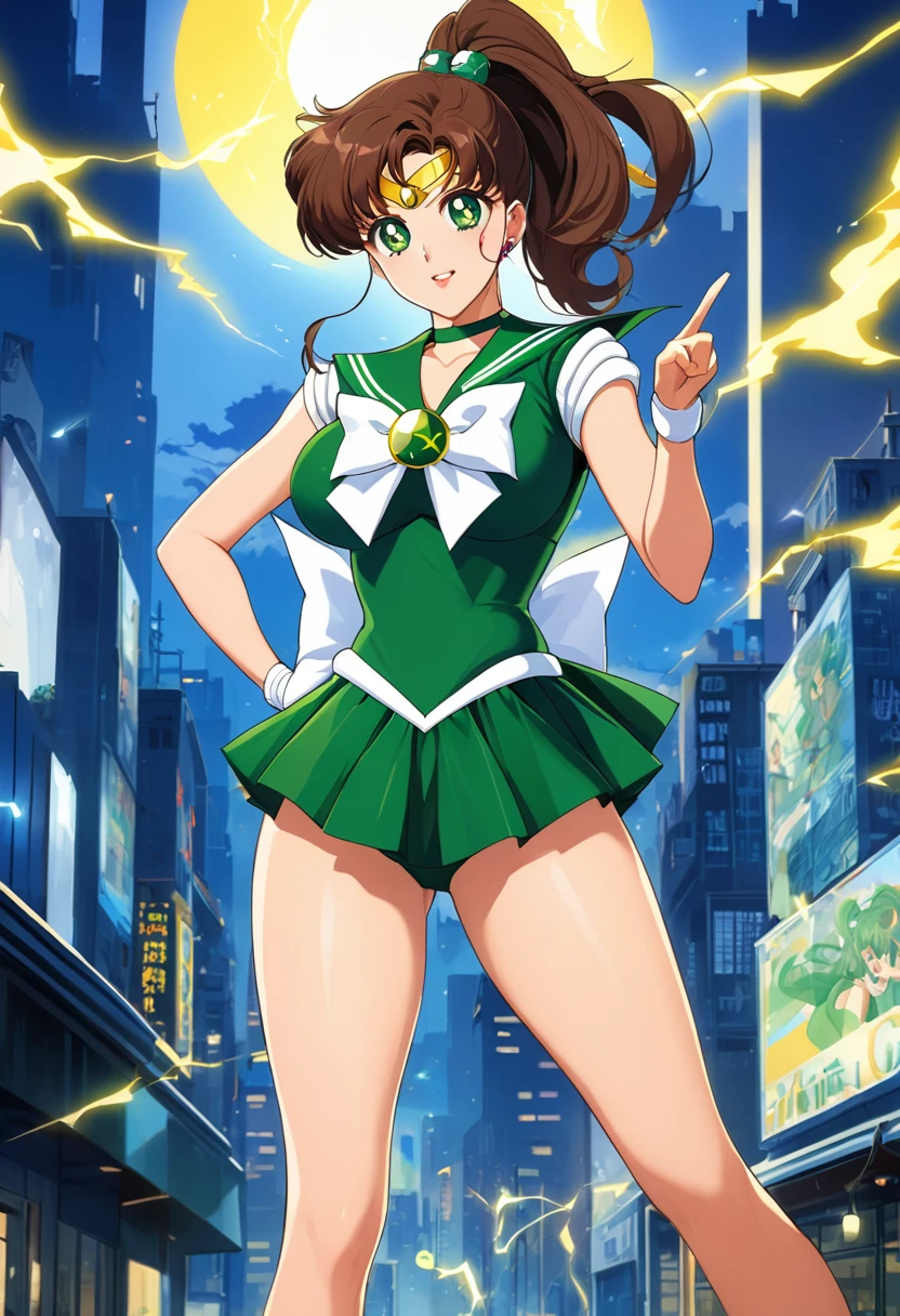 masterpiece, Highest quality, High resolution, ((Sailor Jupiter)),1990s \(style\),、(E-cup beautiful breasts)、tall、Hosomi、sexy、Anime-style painting style,Brown Hair、ponytail、A composition that shows the whole body、Composition from the front、The background is the city、Yellow lightning in the background、Finger guns,Shining Background、Glowing Skin、glamorous、gorgeous,(A blue flash from your fingertips),Point your fingers forward、A cool and sharp look、Stand with your feet shoulder-width apart