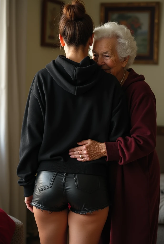 black woman hair in a bun black hoodie black leather short shorts being fucked in the ass by a old grandma in a dress